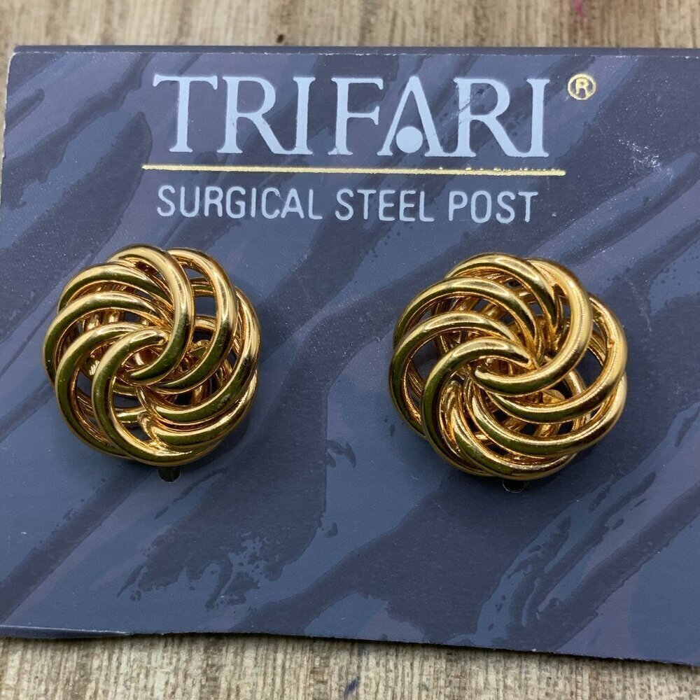 Trifari Gold Tone Swirl Knot Steel Post Earrings